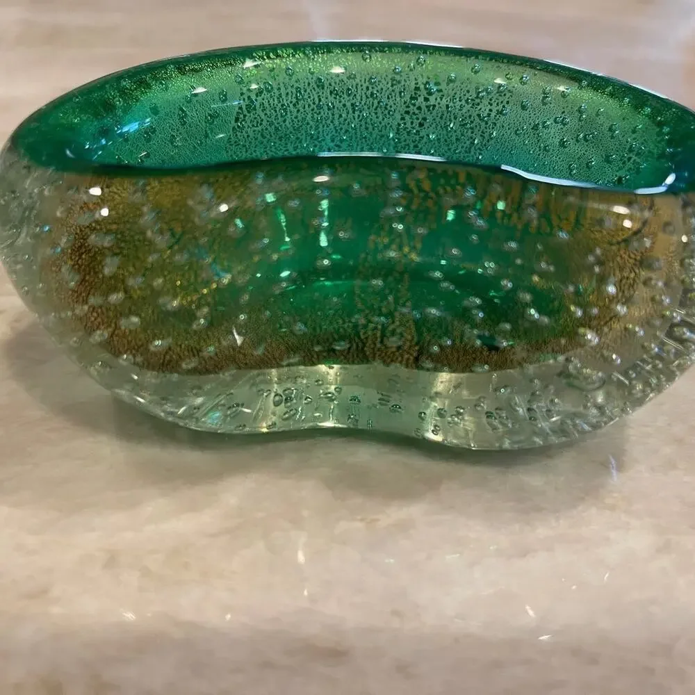Vintage Murano glass candy dish Green with gold beautiful  bean shaped